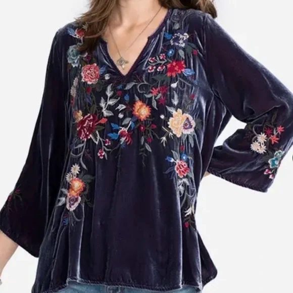 Johnny Was Pina heavily embroidered flutter sleeve velvet blouse NWT